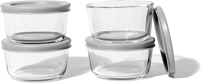 8-Piece Glass Food Storage Containers Set (4 Containers + 4 BPA-Free Lids) | 1-Cup, Leakproof | Microwave, Freezer, Oven & Dishwasher Safe | Ideal for Meal Prep & Pantry Organization, Grey