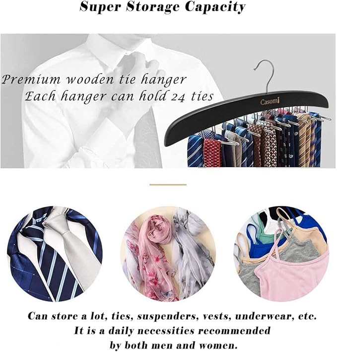 Premium Wood & Sturdy Quality Tie Hanger, 24 Non Slip Metal Hooks, 360 Swivel Design, Anti Slip Grips, Space Saving, Foldable, Black