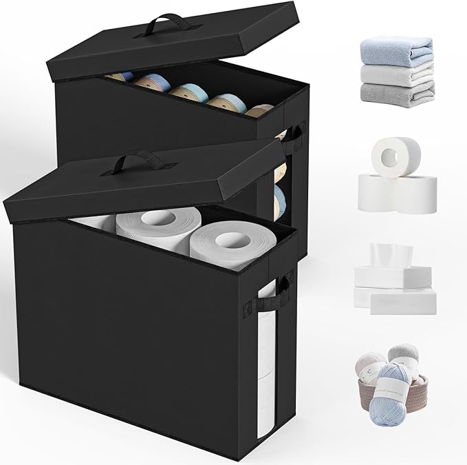NAMTSO Bathroom Toilet Paper Storage with Lid - for Up to 12 Rolls | Storage Bins with Lids for Towel or Yarn | Free Standing | Foldable | Moisture Resistant | Clear Plastic Window | Black | 2 Pack