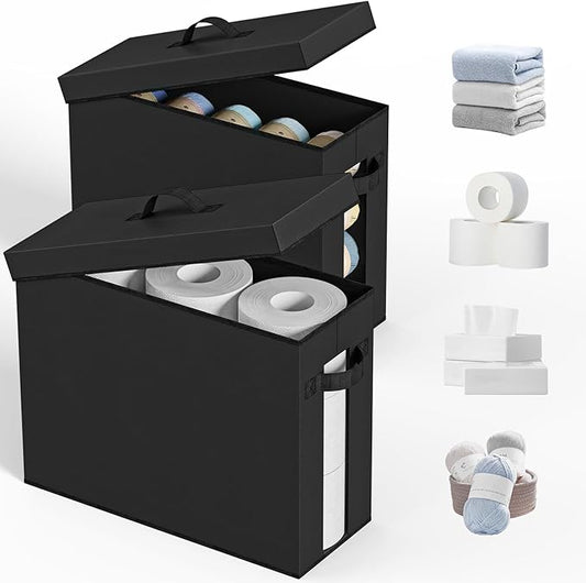 NAMTSO Bathroom Toilet Paper Storage with Lid - for Up to 12 Rolls | Storage Bins with Lids for Towel or Yarn | Free Standing | Foldable | Moisture Resistant | Clear Plastic Window | Black | 2 Pack