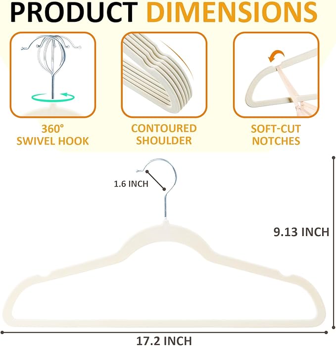 Velvet & Slim Felt Hangers 50 Pack, Beige 360 Swivel Hook Non-Slip Adult Hangers for Coats, Pants & Dress Clothes
