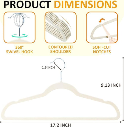 Velvet & Slim Felt Hangers 50 Pack, Beige 360 Swivel Hook Non-Slip Adult Hangers for Coats, Pants & Dress Clothes