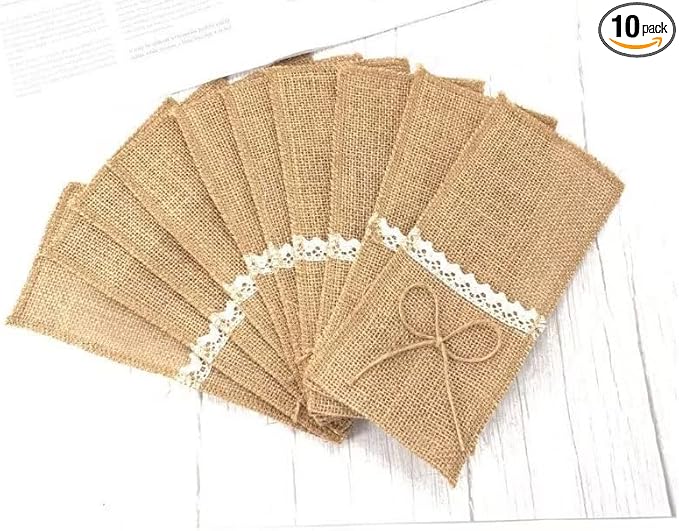 Burlap Silverware Holders with White Lace - 10 Pack of 4 x 8" with Ribbon Bow - Wedding Reception Silverware Holder - Baby Shower Silverware Pocket Pouch – Dining Table Utensil Holders