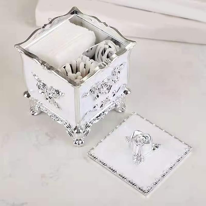 Cotton Canister Dispenser Box Cotton Swab Storage Box With Lid Makeup Table Cosmetics Containers, golden red