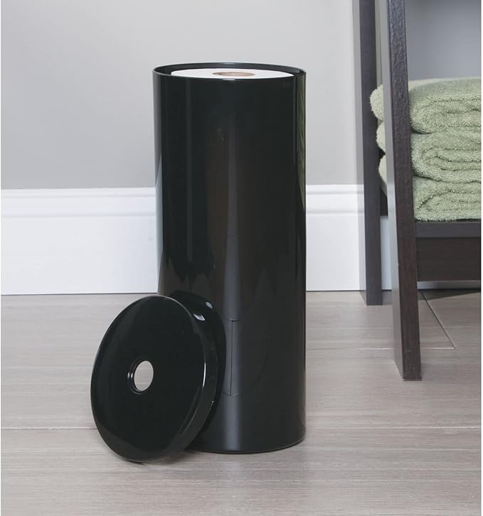 mDesign Plastic Floor Stand Toilet Paper Organizer with Cover, 3-Roll Space-Saving Tissue Storage for Bathroom - Fits Under Sink, Vanity, Shelf, in Cabinet, Corner - Aura Collection - Black