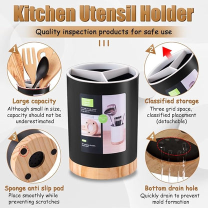 Kitchen Utensil Holder Tableware Storage Bucket, Spoon Chopsticks Fork Drain Rack Utensil Crock for Counter, Household 3-Format Tableware Drainer with Removable Divider and Wooden Base