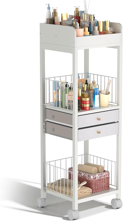 Makeup Organizer Cart, Rolling Floor Skincare Organizer and Storage with 2 Drawers, Versatile Makeup Vanity Display Cases Holder for Skin Care, Cosmetics, Perfume, Nail Polish, Makeup Brush, Hair Tool
