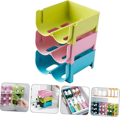3pcs Stackable Non-skid Drink Storage Container Creative Refrigerator Organizer for Wine and Beer Cans Fall and Space-saving Design Green Blue Pink