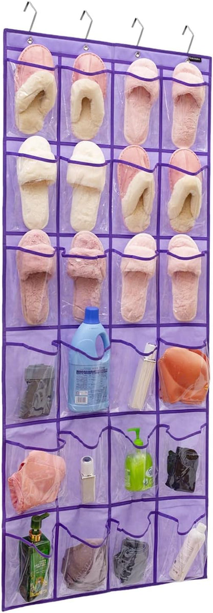 Modern Over the Door Shoe Rack Organizer with 24 Clear PVC Pockets, Purple