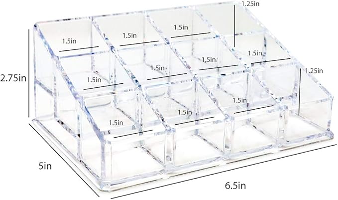 Isaac Jacobs Clear Acrylic 12 Compartment Nail Polish Holder, Organizer for Makeup, Essential Oils, Storage Solution, Rack Display (3 Rows (x4))
