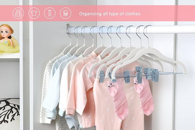 ManGotree 11.8'' Baby Velvet Hangers with Movable Clips, Non-Slip Kids Felt Hangers, Ultra-Thin Space-Saving Children's Clothes Hangers for Skirts, Pants, Dresses, Shirts, Jackets (28 Pack, White)