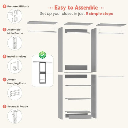iSunirm 48" Small Closet System, Space-Saving Wall-Mounted Wardrobe Organizer, Mini Garment Rack for Narrow Spaces, Morning Outfit Prep Station & Nursery Dress-up Storage,Grey