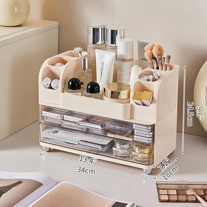 Extra Large Makeup Organizer with 2 Wide Drawers Divided Top Compartment, Spacious Cosmetic Display Case, 4 Colors Skincare Storage box for Vanity and Countertop (Beige)