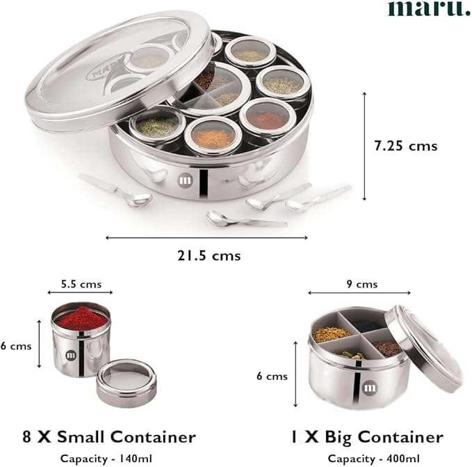 MARU 12 IN 1 Stainless Steel Indian Masala Box with See Through Lids, Elegant Spice box, Masala Dabba with 9 Spice Containers & 4 spoons for Kitchen Rack Organizer, Spice Storage Container for Kitchen