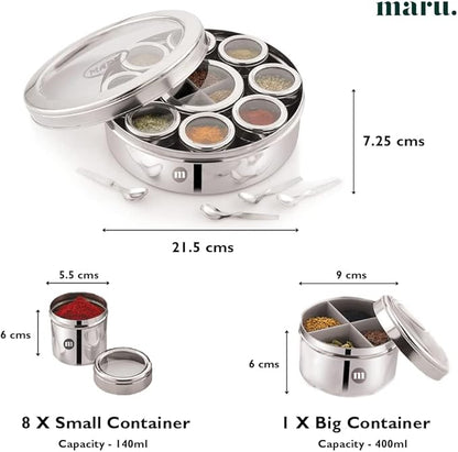 MARU 12 IN 1 Stainless Steel Indian Masala Box with See Through Lids, Elegant Spice box, Masala Dabba with 9 Spice Containers & 4 spoons for Kitchen Rack Organizer, Spice Storage Container for Kitchen