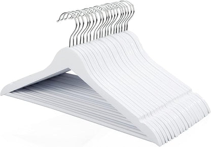 FairyHaus Wooden Hangers 30 Pack White, Slim Wood Coat Suits Hanger with 360° Swivel Hook, Notches and Pants Bar, Smooth Finish and Lightweight for Closet Clothes