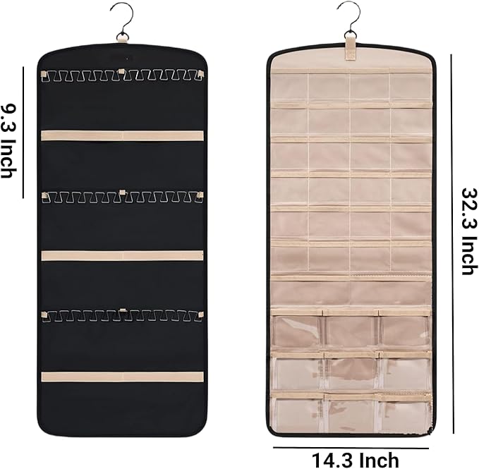 Hanging Jewelry Organizer Doubled-sided with Pockets & Hooks for Rings, Earrings, Necklaces, Hair Accessories Storage Roll, Closet Earring Holder Organizer for Wall, Door, Travel, 1 PCS, Black
