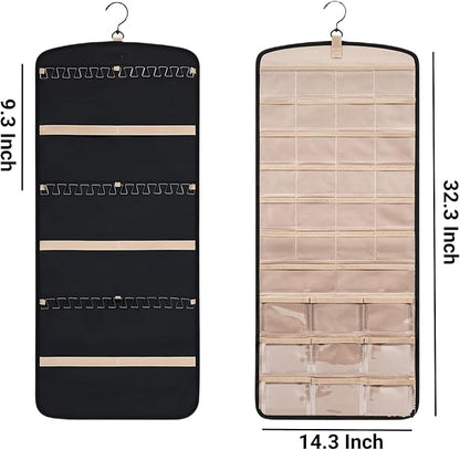 Hanging Jewelry Organizer Doubled-sided with Pockets & Hooks for Rings, Earrings, Necklaces, Hair Accessories Storage Roll, Closet Earring Holder Organizer for Wall, Door, Travel, 1 PCS, Black