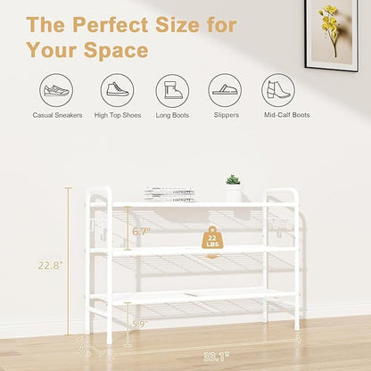 VILICK 3 Tier Shoe Rack 33" Wide Metal Shoe Organizer Long Shoe Storage with 4 Side Hooks Sturdy Shoes Shelf for Front Door Entrance, Closet, Garage, Dorm, White