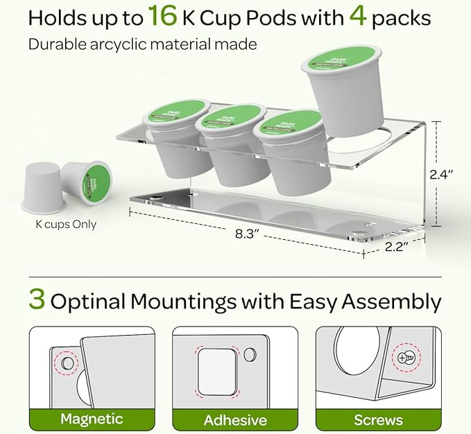 LifeMoreasy K Cup Holders, Acrylic Coffee Pods Organizer Stand Magnetic & Self-Adhesive Wall Mounted K Cup Stand for Kitchen Wall, Cabinet, Fridge (4 Pack for 16 Pods)
