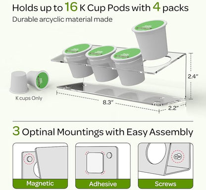 LifeMoreasy K Cup Holders, Acrylic Coffee Pods Organizer Stand Magnetic & Self-Adhesive Wall Mounted K Cup Stand for Kitchen Wall, Cabinet, Fridge (4 Pack for 16 Pods)