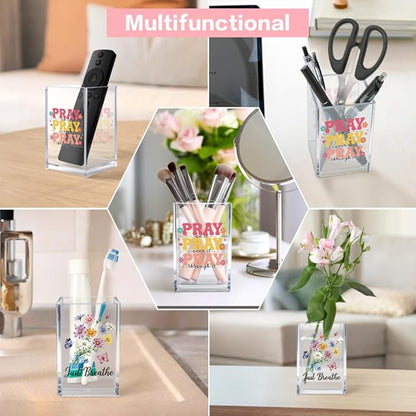 Just breathe 2 Pack Acrylic Cosmetic Pencil Pen Holder Cup, Hope Inspirational Makeup Brush Organizer Holder, Women Faith Gifts, Christian Encouragement Gifts for Women Mom Daughter Teacher