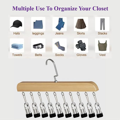 Hanging Closet Organizer, Wooden Legging Hanger with 10 Clips,Space Saving Hats Organizer for Closet,360° Rotating Wooden Multi-Hanger for Pants, Skirts and Socks Storage (Natural Finish)