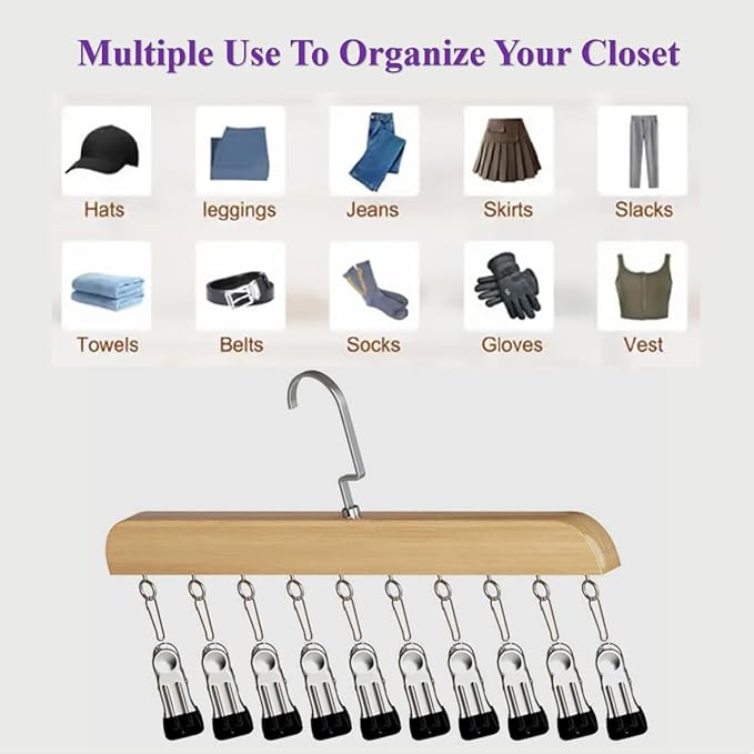 Legging Hangers with 10 Clips,Space Saving Cap Organizer for Closet,Wooden Hats Hangers 3 Pack,360° Rotating Hanging Closet Organizer for Pants, Skirts and Socks Storage (Set of 3,Vintage)