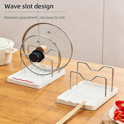 Pot lid Holder And Spoon Rest, 2 Layers Lid And Spoon Rest Pot Lid Organizer With Drip Tray, Multifunction Kitchen Gadget Rack For Cooking (White)