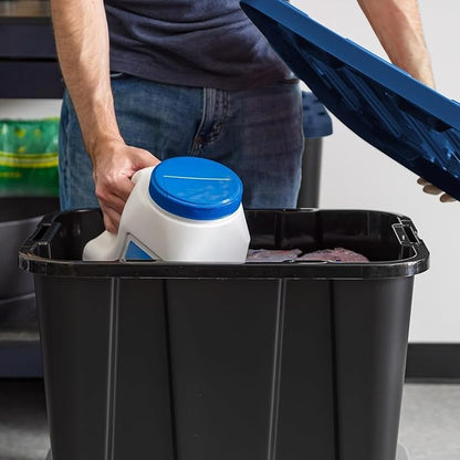 12 Gallon Rugged Plastic Storage Bins with Latching Lids - Stackable Heavy Duty Totes for Garage, Basement, Workshop, Camping and Home Organization, Black 4-Pack Utility Container Set