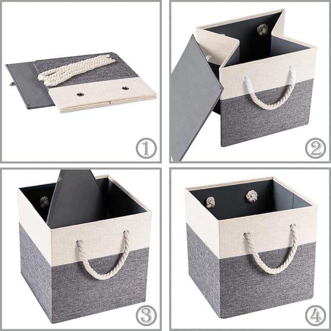 PRANDOM Large Foldable Cube Storage Bins 13x13 inch [4-Pack] Fabric Linen Storage Baskets Cubes Drawer with Cotton Handles Organizer for Shelves Nursery Closet Bedroom White and Grey