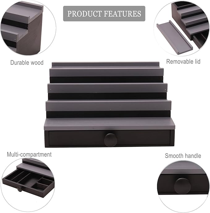 Black Grey Cologne Organizer for Men - 4 Tier Wooden Cologne Display Stand with Drawer and Hidden Compartment, Mens Cologne Perfume Holder Shelf for Organizing and Storing