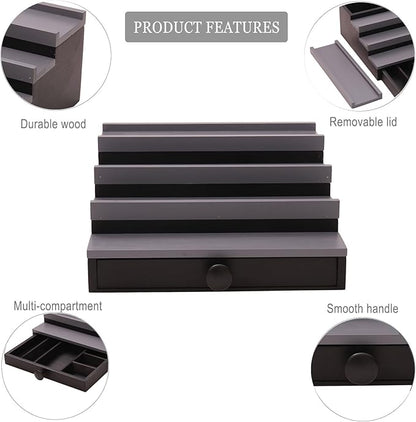 Black Grey Cologne Organizer for Men - 4 Tier Wooden Cologne Display Stand with Drawer and Hidden Compartment, Mens Cologne Perfume Holder Shelf for Organizing and Storing