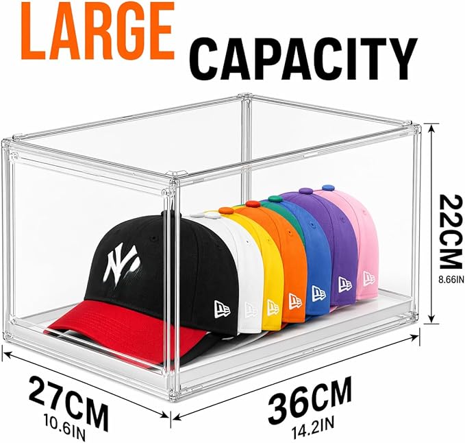 Hat Organizer for Baseball Caps, Clear Stackable Hat Storage Box with Magnetic Door & Sliding Drawer, Large Capacity, Dustproof Display Case for Closet 13