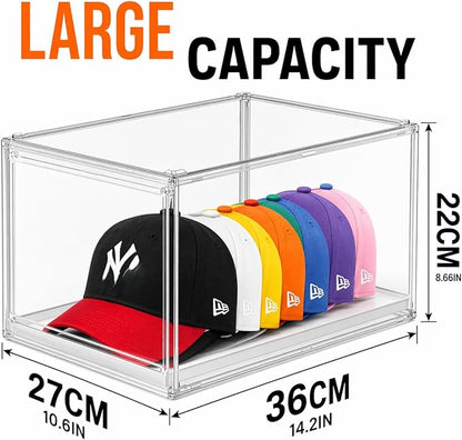 Hat Organizer for Baseball Caps, Clear Stackable Hat Storage Box with Magnetic Door & Sliding Drawer, Large Capacity, Dustproof Display Case for Closet 21
