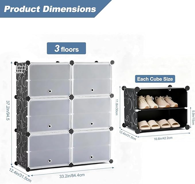 Simple Deluxe 6-Tier Shoe Rack Organizer with Doors, Stackable Shoe Storage Cabinet for Entryway Closet, Plastic Shoe Shelf with Metal Frame, Holds up to 24 Pairs for Bedroom Hallway, Black
