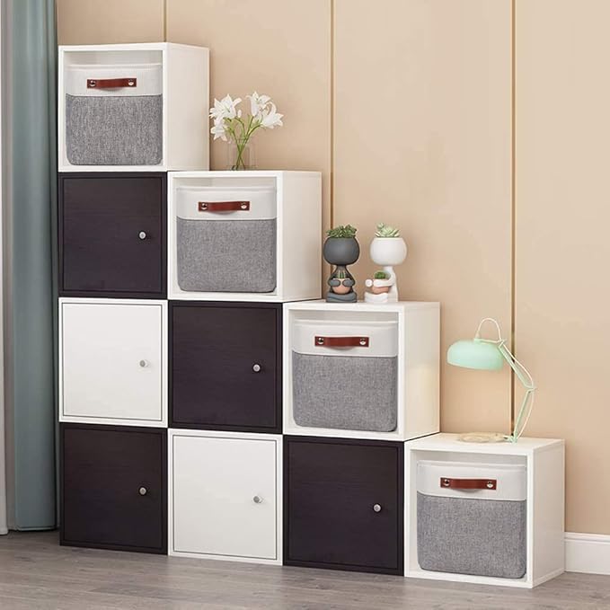 Fabric Storage Cubes 10.5”x10.5”x11” Cube Storage Bins for Closet Organizers and Storage Shelves Foldable Storage Bin with Handles, 6 Pack, Grey, PU Leather Handle