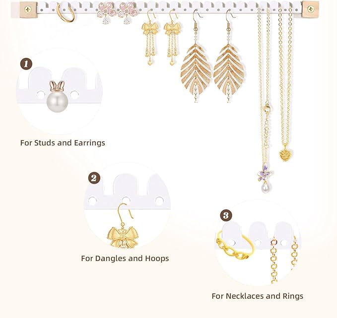 Earring Organizer Wall Mounted 4 Pack Earring Holder Hanging Jewelry Organizer Display for Stud/Hoop/Dangle Earring Necklace Bracelet Ring,White