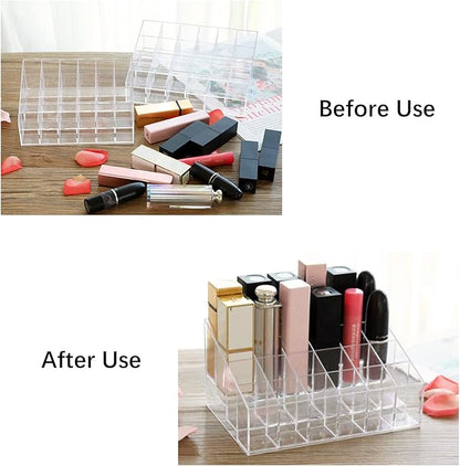 24 Spaces Lipstick Holder, Clear Acrylic Lipgloss Lipstick Organizer and Cosmetic Case Display Rack, Makeup Organizer for Lip Gloss Brushes Bottles More(6x4 Arrangement)