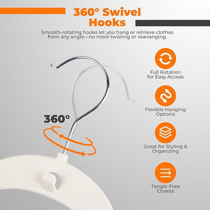 Lightweight White Plastic Hangers 20 Pack with Cascading Hook, Space Saving Thin, Closet Organizer, Orange Anti-Slip Pads, 360° Swivel, Tie Holder