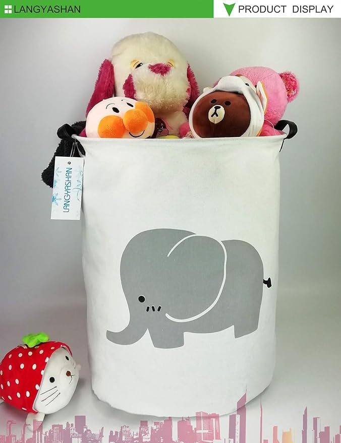 Laundry Basket Canvas Fabric Collapsible Organizer Basket for Storage Bin Toy Bins Gift Baskets Bedroom Clothes Children Nursery Hamper (Elephant)
