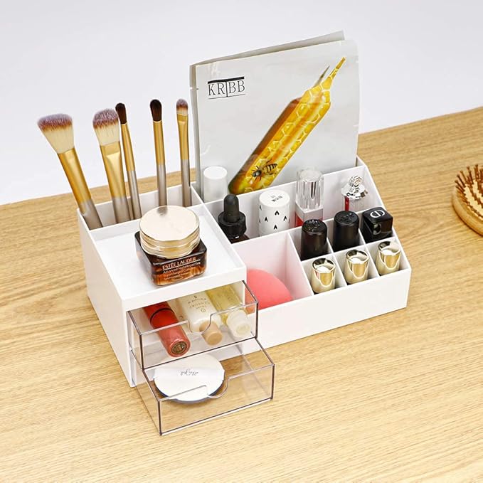 AfooBezos Multifunction Desk Organizer, Makeup Storage for Eyeshadows, Concealers, Powders, Nail Polish,9.65‘’x 4.8‘’x 3.67‘’ (White)