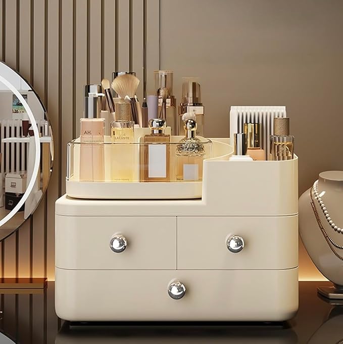 Cosmetic Organizer with 3 Drawers, Makeup Storage Display Case, White Vanity Beauty Container, Chrome Knobs