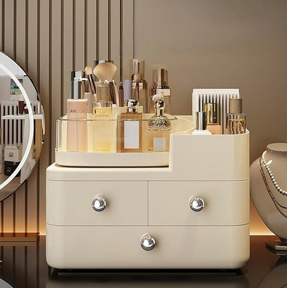 Cosmetic Organizer with 3 Drawers, Makeup Storage Display Case, White Vanity Beauty Container, Chrome Knobs