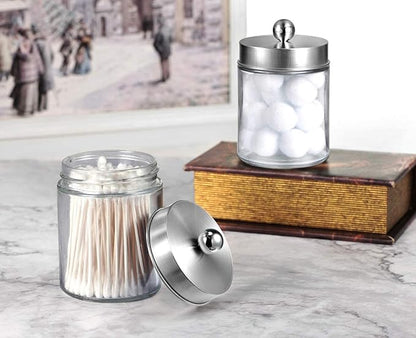 Amolliar Apothecary Jars Bathroom Vanity Organizer -Countertop Canister Jar with Storage Lid - Qtip Dispenser Holder Glass for Qtips,Cotton Swabs,Makeup Sponges,Hair Band - Brushed Nickel (1 Pack)