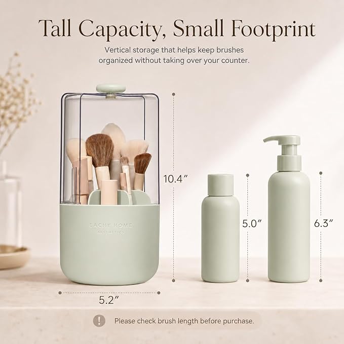 EACHY Makeup Brush Holder with Lid, 360° Rotating Vanity Organizer for Brushes, Dustproof Cosmetic Display Case, 7 Compartments, Waterproof Plastic (Green)