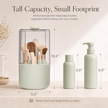 EACHY Makeup Brush Holder with Lid, 360° Rotating Vanity Organizer for Brushes, Dustproof Cosmetic Display Case, 7 Compartments, Waterproof Plastic (Green)