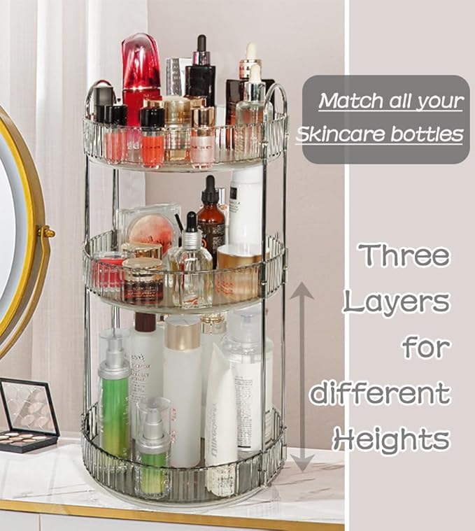 Skincare Organizers 360 Rotating, 3 Tier Round Makeup Organizer Countertop,Holder Rack Large Spinning Cosmetics Display Cases, Perfume Beauty Storage for Vanity, Countertop, Bathroom (Gray)