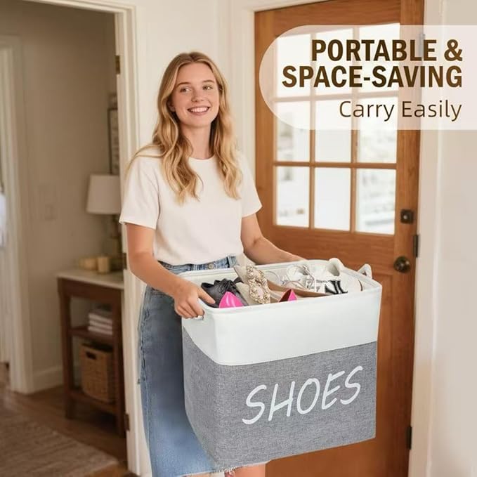 Large Fabric Shoe Basket,Flodable Shoe Storage Bin for Entryway,Hallway or Mudroom,Stylish Shoe Storage Container (Large-2 Pack)