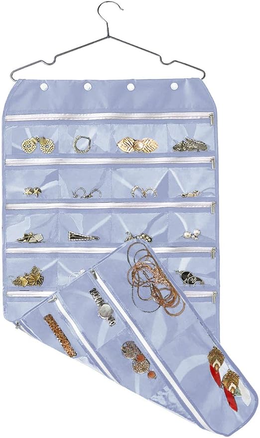 Hanging Jewelry Organizer with Zipper,Dual-Sided 56 Clear Pockets for Earrings Necklace Bracelet Ring Accessory Display (Grey)